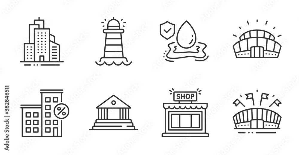 Flood insurance, Sports stadium and Skyscraper buildings line icons set. Sports arena, Court building and Shop signs. Lighthouse, Loan house symbols. Quality line icons. Flood insurance badge. Vector