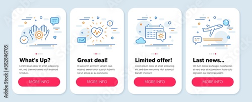 Set of Business icons, such as Travel calendar, Employee hand, Heartbeat symbols. Mobile screen app banners. Departure plane line icons. Trip planning, Work gear, Medical heart. Vector
