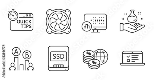 Ssd, Ab testing and Report statistics line icons set. Computer fan, Web lectures and Chemistry lab signs. Quick tips, World money symbols. Memory disk, Test chart, Graph chart. Science set. Vector