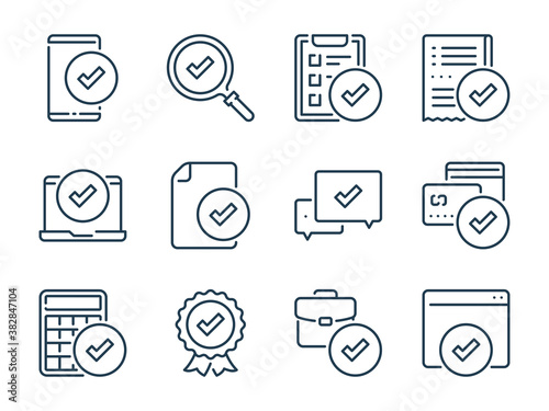 Check mark and Tick related vector line icons. Quality and Approve outline icon set.