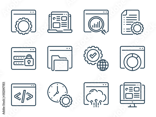 Web development related vector line icons. Website and Web computing outline icon set.
