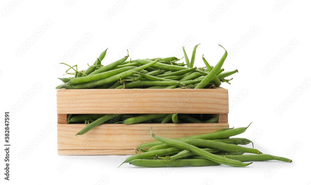 Fresh green beans in wooden crate on white background Fresh green beans in wooden crate on white background