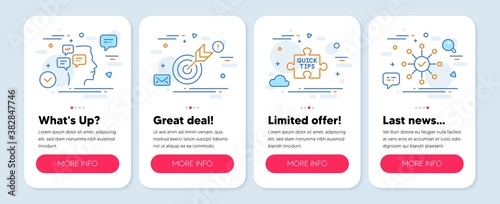 Set of Education icons, such as Messages, Target, Quick tips symbols. Mobile screen mockup banners. Survey check line icons. Notifications, Targeting, Tutorials. Correct answer. Messages icons. Vector