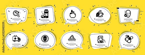Healthcare icons set. Speech bubble offer banners. Yellow coupon badge. Included icon as Skin care, Health skin, Mint tea signs. Prescription drugs, Face detect, Eco food symbols. Vector