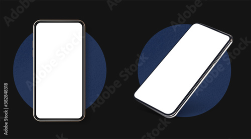 High quality realistic trendy no frame smartphone with blank white screen. Mockup phone for visual ui app demonstration. Vector mobile set device concept. Detailed Mockup Smartphone. Social media
