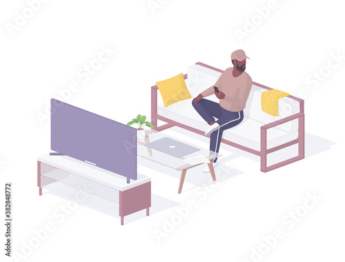 Man testing new smart TV isometric illustration. Male character on sofa with remote control tests capabilities.