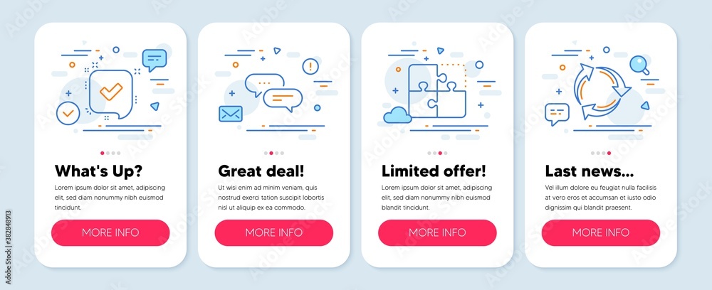 Set of Technology icons, such as Confirmed, Puzzle, Dots message symbols. Mobile app mockup banners. Recycle line icons. Accepted message, Engineering strategy, Chat bubble. Recycling waste. Vector