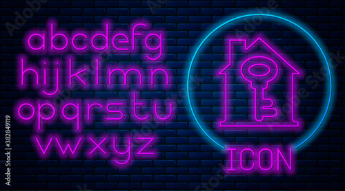 Glowing neon House with key icon isolated on brick wall background. The concept of the house turnkey. Neon light alphabet. Vector.