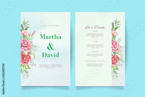 Elegant watercolor wedding invitation card with flower and leaves