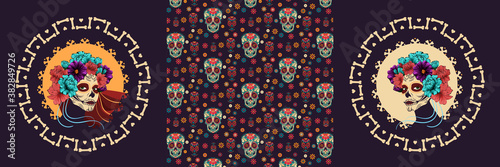 Fototapeta Naklejka Na Ścianę i Meble -  Dia de Los Muertos. vector poster for the Day of the dead. image of a woman with sugar skull makeup, surrounded by bones and flowers
