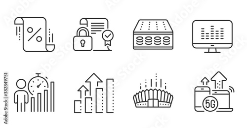 Mattress, 5g internet and Arena stadium line icons set. Business statistics, Security contract and Loan percent signs. Music making, Analysis graph symbols. Quality line icons. Mattress badge. Vector