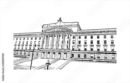 Building view with landmark of Belfast is the capital and largest city of Northern Ireland. Hand drawn sketch illustration in vector.
