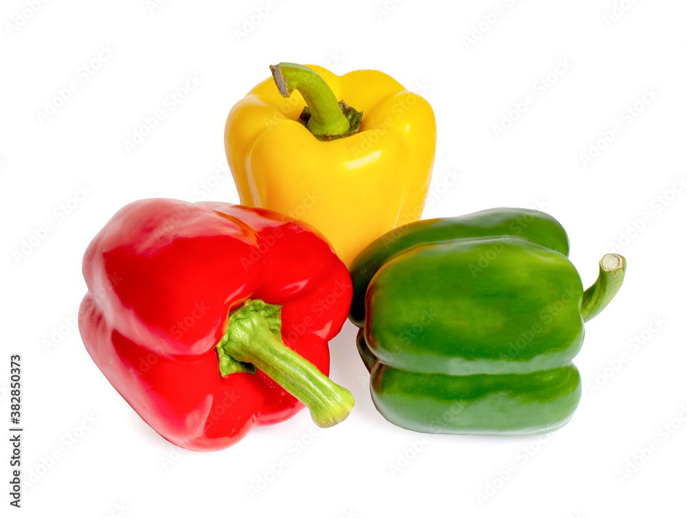 sweet pepper, red, green, yellow paprika, isolated on white background, clipping path, full depth of field