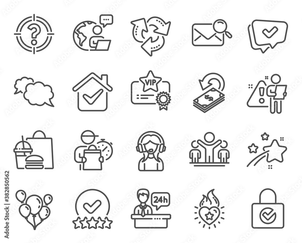 Business icons set. Included icon as Approved, Messenger, Reception desk signs. Cashback, Vip certificate, Search mail symbols. Headhunter, Winner, Recycle. Balloons, Password encryption. Vector
