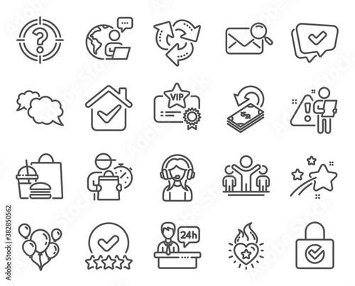 Business icons set. Included icon as Approved, Messenger, Reception desk signs. Cashback, Vip certificate, Search mail symbols. Headhunter, Winner, Recycle. Balloons, Password encryption. Vector