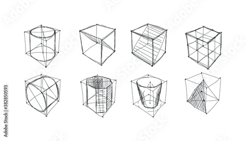 Hand-drawn vector sphere, cube and other geometric shapes in three-dimensional space with shadows diagram