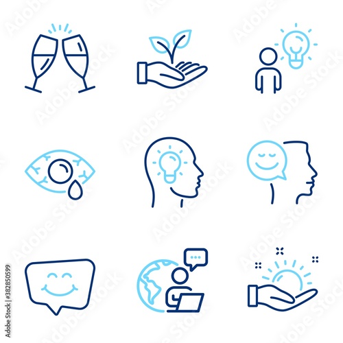 People icons set. Included icon as Helping hand, Idea head, Good mood signs. Group people, Smile chat, Sunny weather symbols. Ð¡onjunctivitis eye, Champagne glasses line icons. Line icons set. Vector