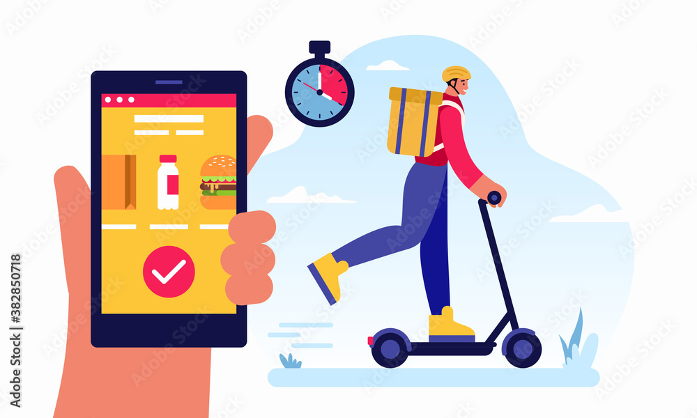 Courier on kick scooter delivering groceries ordered via app Courier on kick scooter delivering groceries ordered via app