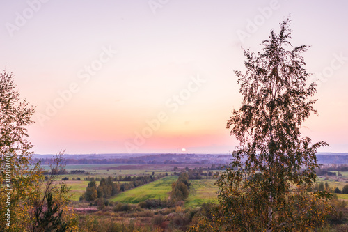 sunset in a tree field horizon landscape morning natural countryside