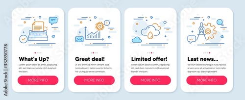 Set of Science icons, such as Rainy weather, Coronavirus statistics, Typewriter symbols. Mobile screen banners. Cogwheel dividers line icons. Rain, Confirmed cases chart, Writer machine. Vector
