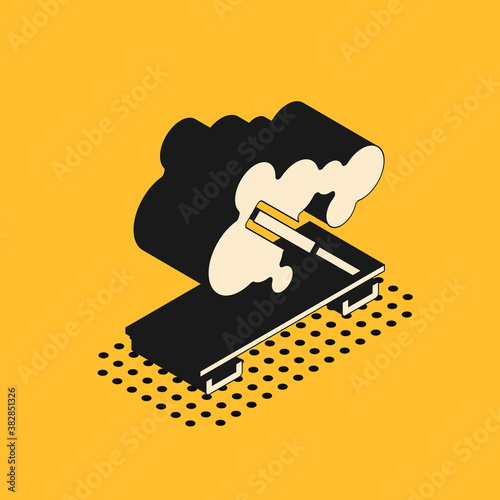Isometric Scented spa stick on a wooden stand icon isolated on yellow background. Incense stick. Cosmetic procedure aromatherapy. Vector.