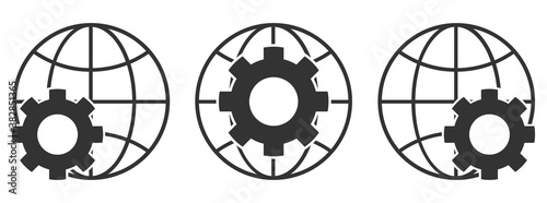 Set of planet Earth symbols with gear icon. Globe Earth symbol.