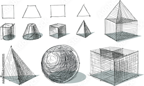 Hand-drawn vector sphere, cube and other geometric shapes