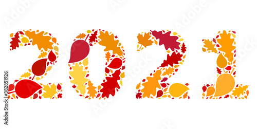 2021 Year Digits collage icon created for fall season. Raster 2021 year digits mosaic is created with scattered fall maple and oak leaves. Mosaic autumn leaves in bright gold, brown and red colors.