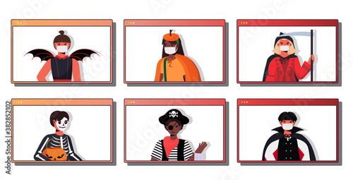 set people in masks wearing different costumes happy halloween holiday celebration self isolation coronavirus quarantine concept web browser windows collection portrait horizontal vector illustration