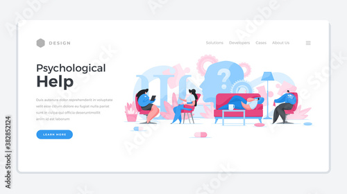 Psychological help professional home page banner. A female psychotherapist character leads the reception of people with depression.