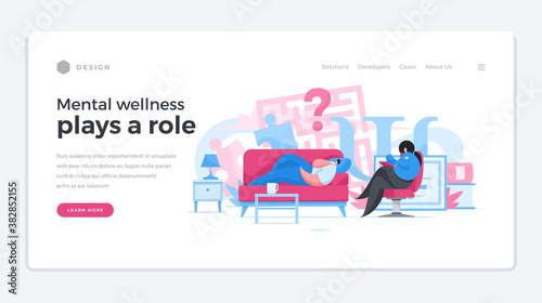 Psychologist debugging mental wellbeing home page banner. Relaxed male character lies couch and talks about his problems to therapist.