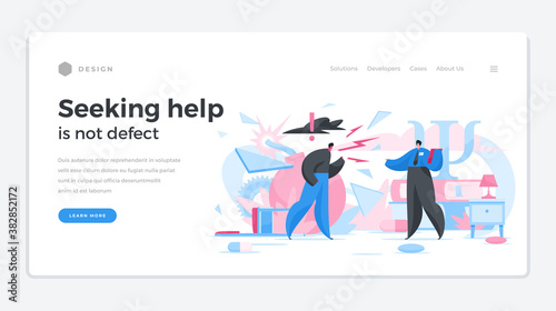 Psychological help in difficult situations landing page template. Male character psychiatrist calms aggressive patient.