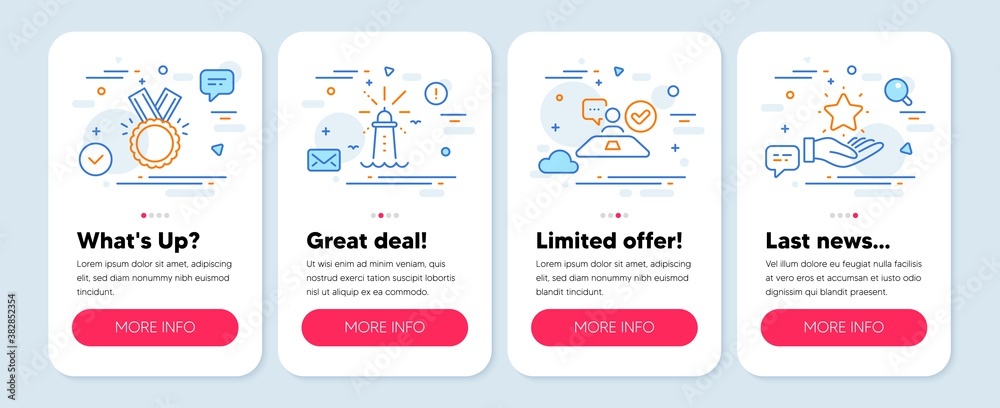 Set of line icons, such as Honor, Job interview, Lighthouse symbols. Mobile screen mockup banners. Loyalty program line icons. Medal, Accepted worker, Navigation beacon. Bonus star. Vector