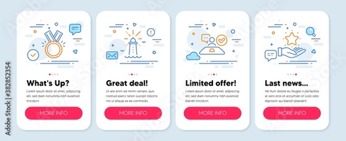 Set of line icons, such as Honor, Job interview, Lighthouse symbols. Mobile screen mockup banners. Loyalty program line icons. Medal, Accepted worker, Navigation beacon. Bonus star. Vector