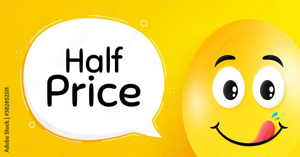 Half Price. Easter egg with yummy smile face. Special offer Sale sign. Advertising Discounts symbol. Easter smile character. Half price speech bubble. Yellow yummy egg background. Vector