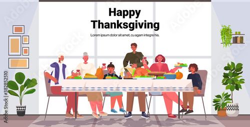 multi generation family celebrating happy thanksgiving day people sitting at table having traditional dinner horizontal full length copy space vector illustration