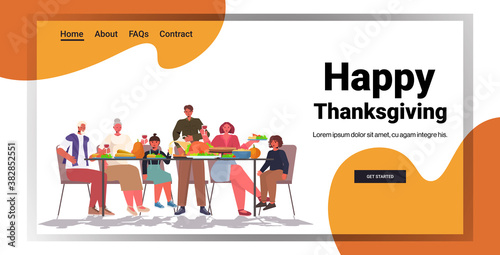 multi generation family celebrating happy thanksgiving day people sitting at table having traditional dinner horizontal full length copy space vector illustration
