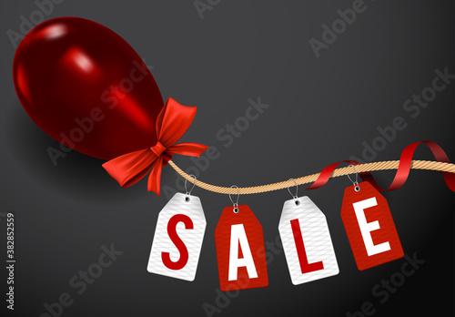 Vector illustration black friday sale banner template with shiny balloon, rope, and sale tags. 