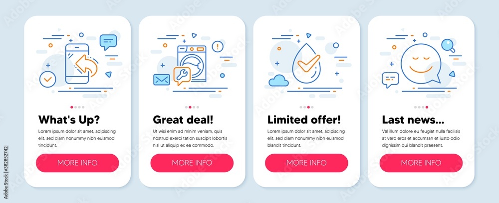 Set of Business icons, such as Washing machine, Incoming call, Dermatologically tested symbols. Mobile app mockup banners. Smile line icons. Repair service, Phone support, Organic. Vector Set of Business icons, such as Washing machine, Incoming call, Dermatologically tested symbols. Mobile app mockup banners. Smile line icons. Repair service, Phone support, Organic. Vector