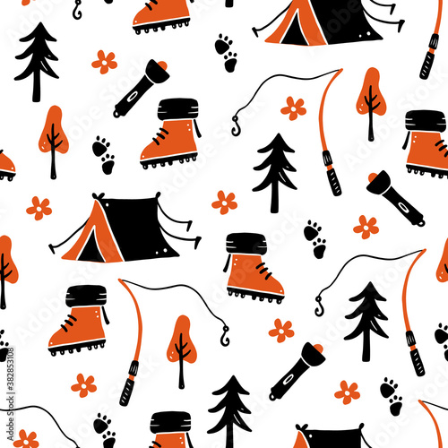 Set of hand drawn seamless pattern tourism and camping equipment. Doodle style illustration. Activity holiday, outdoor travel concept.