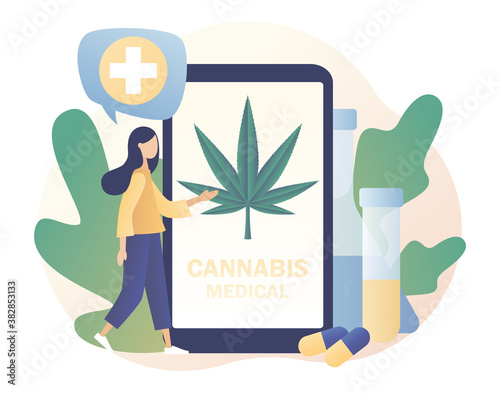 Cannabis medical online sale. CBD cultivation business, distribution of hemp products, marijuana sales market. Modern flat cartoon style. Vector illustration on white background
