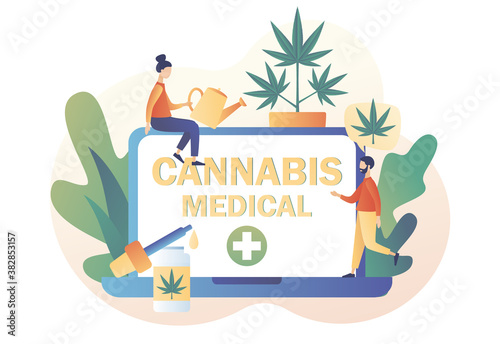 Cannabis medical online sale. CBD cultivation business, distribution of hemp products, marijuana sales market. Modern flat cartoon style. Vector illustration on white background