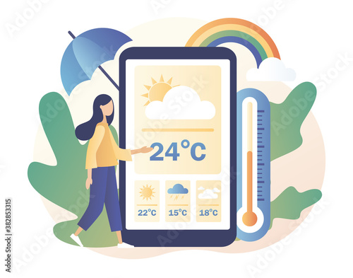 Tiny girl watching the weather forecast in smartphone app. Weather forecast online. Sun, clouds, wind, thunderstorm,rain. Meteorology science. Modern flat cartoon style. Vector illustration
