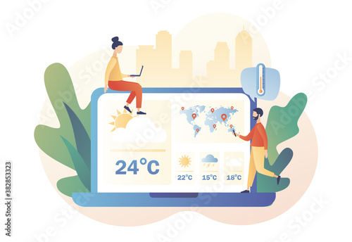 Tiny people watching the weather forecast use laptop. Weather forecast online. Sun, clouds, wind, thunderstorm,rain. Meteorology science. Modern flat cartoon style. Vector illustration