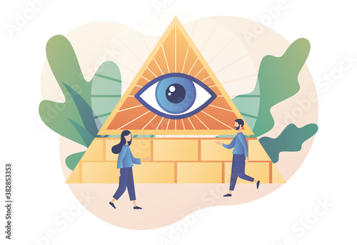 Conspiracy theory. Pyramid with all-seeing eye. Symbol of world government. Modern flat cartoon style. Vector illustration on white background