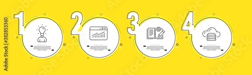 Website statistics, Engineering documentation and Education line icons set. Timeline process infograph. Cloud server sign. Data analysis, Manual, Human idea. Web storage. Education set. Vector