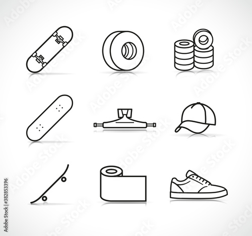 Vector skateboard accessories icons set