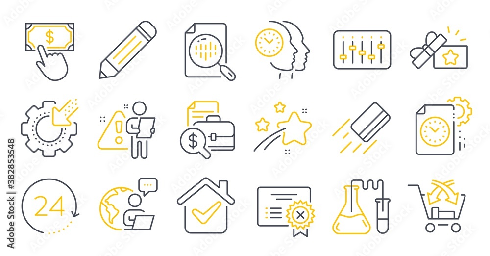Set of Technology icons, such as Credit card, Project deadline, Pencil symbols. Dj controller, Cross sell, Payment click signs. Accounting report, Seo gear, Loyalty gift. Chemistry lab. Vector Set of Technology icons, such as Credit card, Project deadline, Pencil symbols. Dj controller, Cross sell, Payment click signs. Accounting report, Seo gear, Loyalty gift. Chemistry lab. Vector