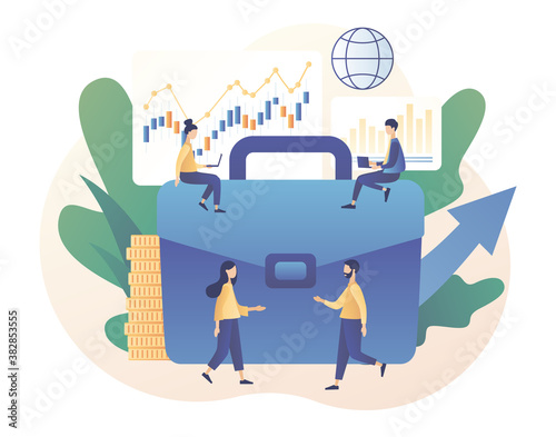 Tiny people buy, sell and make up the portfolio cryptocurrency, stocks and bonds for forex. Trading online. Business, finance and trade. Modern flat cartoon style. Vector illustration 