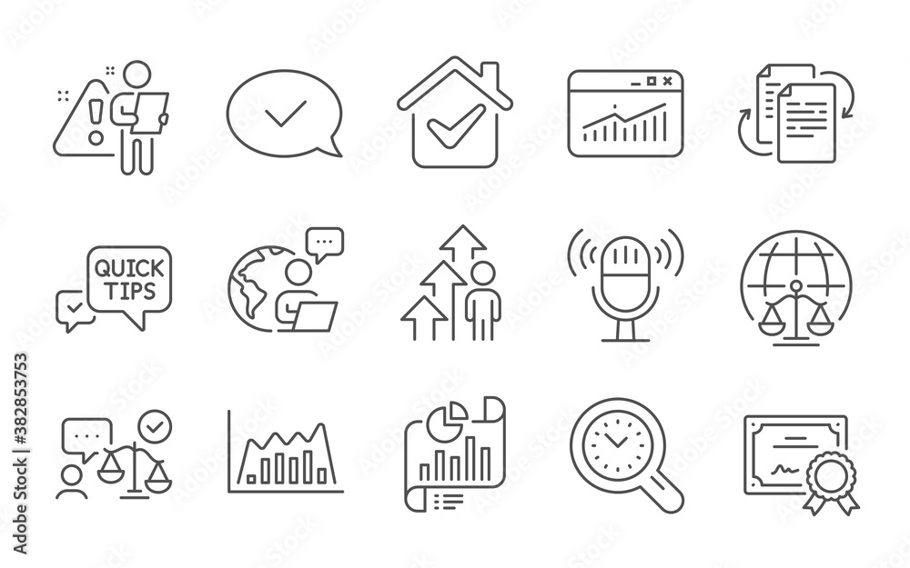 Fototapeta premium Report document, Quick tips and Website statistics line icons set. Certificate, Lawyer and Magistrates court signs. Time management, Employee result and Approved message symbols. Vector